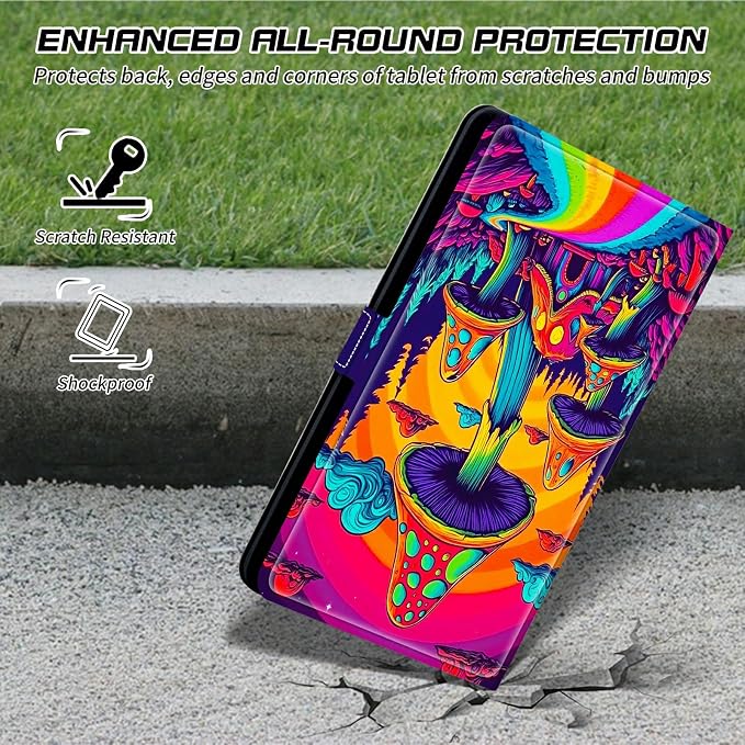 Universal Tablet Case for T-Mobile Revvl Tab 2 10.1" 2025/Revvl Tab 5G 10.36" 2023, 360 Degree Rotating Kickstand Protective Stand PU Leather Shell Cover for 9"-10.5", Rainbow Mushroom Road
