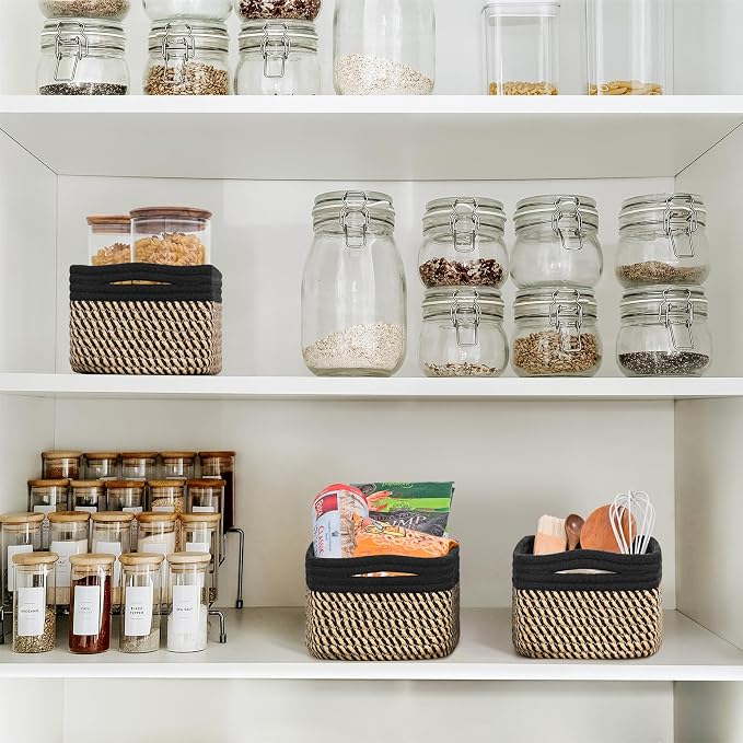 Goodpick 3Pack Wicker Storage Baskets for Closet, 11 x 7 x 4.5 | Woven Baskets for Shelves Fit Bedroom Lving Room, Small Baskets for Gift Empty, Dog Toy Basket for Pets, Black & Jute