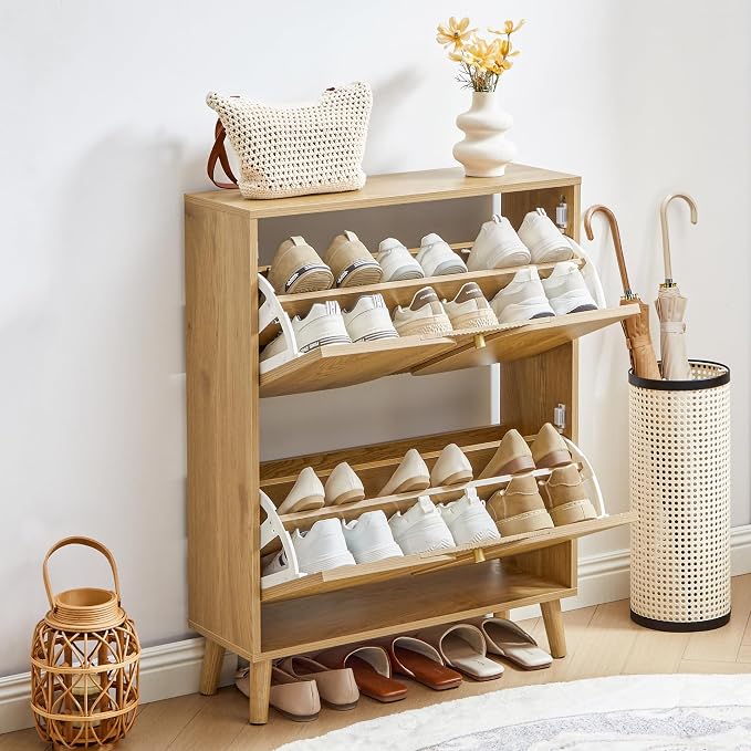 BERRYMERRY 27.6" W Shoe Storage Cabinet with 2 Flip Drawers, Unique | Natural,Hidden,Small,Front Door,Entryway,Narrow