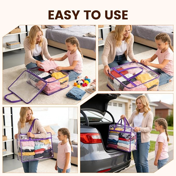 8 Pack 40L Clear Storage Bags with Zipper Large Opening for Loading | Purple Storage Bag for Blankets and Clothes, Large Capacity Closet Organizers and Storage for Dormitory, Bedroom