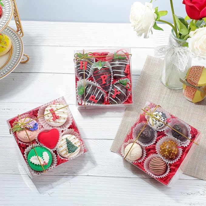 RomanticBaking 50PCS 5x5x2 Inches Full Clear Bakery Boxes Party Favors | Transparent Gift Box for Chocolate Covered Strawberries,Mini Cake,Cookies,Macaron,Pie,Cakesickle &More