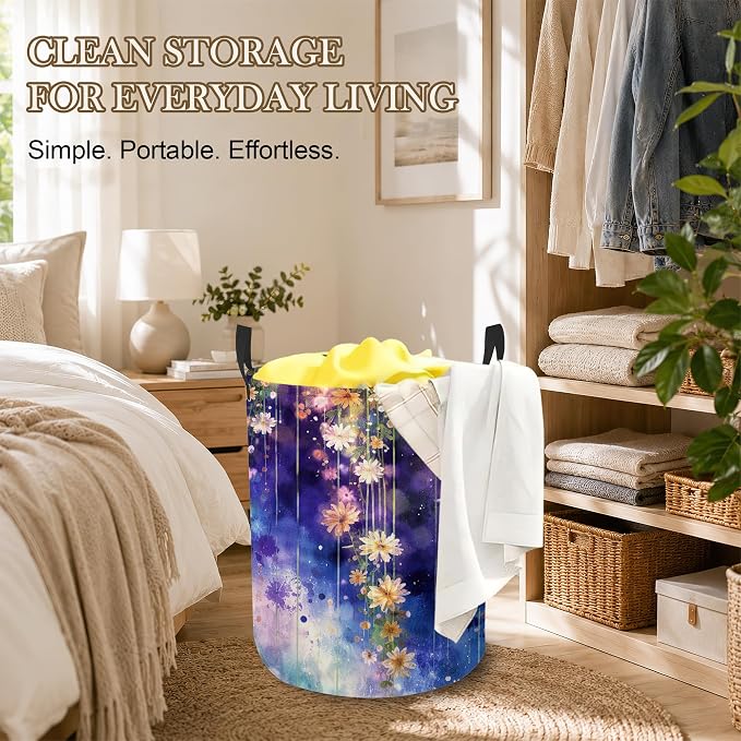 Laundry Hamper, Colorful Flowers Collapsible Blue White Laundry Baskets Waterproof Oxford Cloth With Handles, Clothes Storage Bucket For Bathroom/Bedroom 16" x 20.8"