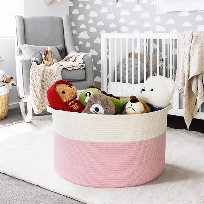 MEGASKET Pink Storage Baskets for Organizing, 22"X22"X14" XXXL Blanket Basket Living Room, Large Toy Basket, Soft Pink Cotton Rope Woven Baskets for Storage, Decorative Gifts Basket Bins for Nursery