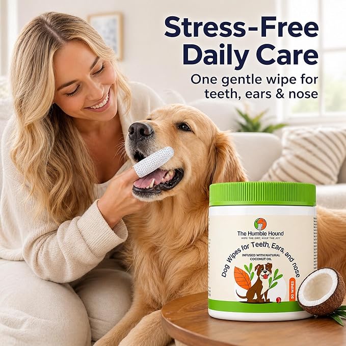 3-in-1 Dog Dental Wipes – Finger Wipes for Teeth, Ears & Snout Infused with Coconut Oil | Promotes Fresh Breath, Tartar Control & Daily Hygiene | Gentle Grooming Wipes for All Dogs – 50 Count