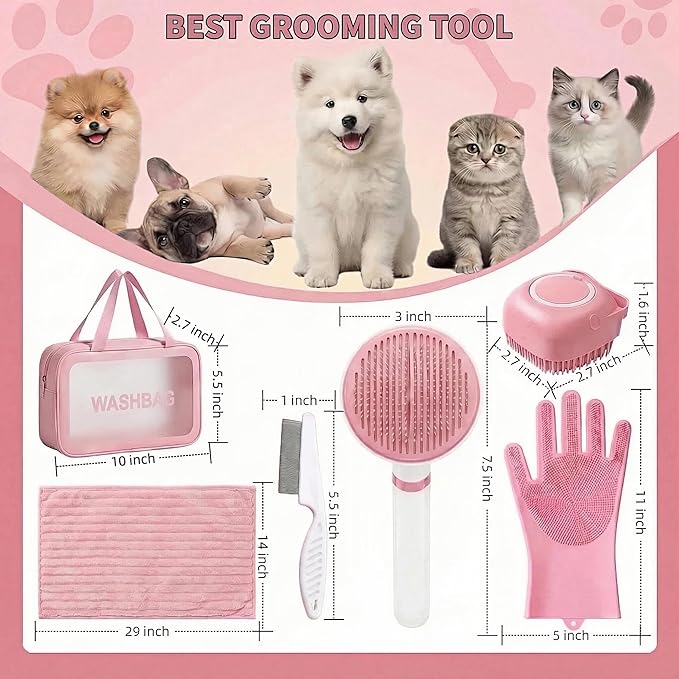 6PCS Dog Bath Kit & Dog Brush Kit - Professional Pet Grooming Tools Set for Dogs & Cats, Includes Shedding Brush, Bath Scrubber & Dematting Combs - Complete Dog Washing Essentials Pink
