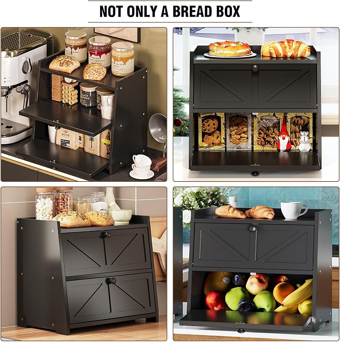 Trironsun Vintage Double Layer Bread Box for Kitchen Counter Bamboo Bread Storage Container Large Capacity Bread Storage Bin (Black)