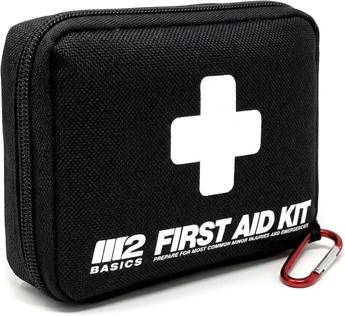 M2 BASICS 150 Piece Premium First Aid Kit, Compact Bag for Purse & Travel | On-The-Go Emergency Use, Backpack, Glove Box, Luggage, Carry-On, School, Sports, Car, RV, Boat, Hiking, Camping And Dorm