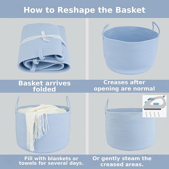 XUANGUO 66L Large Blanket Basket, Round Cotton Rope Basket, Blue | 20" x 13" Laundry Basket with Sturdy Handles for Blankets, Pillows and Toys; Storage for Living Room, Bedroom and Nursery