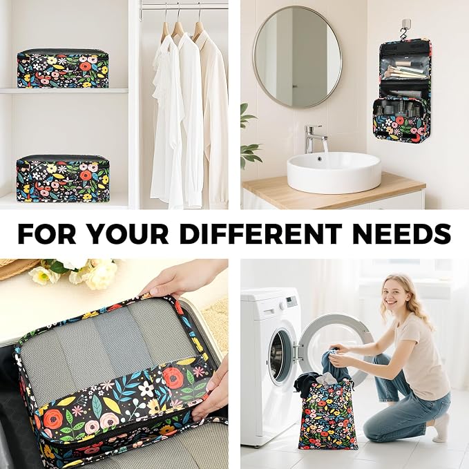 BAGAIL 9 Set Packing Cubes with Packing List Luggage Packing Organizers for Travel Accessories (Black floral)
