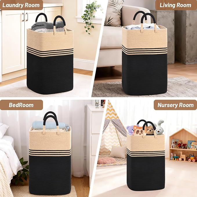 Laundry Basket Hamper,Blanket Storage,Dirty Clothes Hamper with Swivel Handles,Woven Cotton Rope Toy Baskets,Blanket Basket Living Room,Decorative Hampers for Nursery,Bedroom,Brown & Black,100L