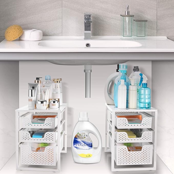Simple Trending Under Sink Organizer 3-Tier with Sliding Storage Drawer | Multi-Purpose Desktop Organizer, Metal Cabinet Organizer for Kitchen Bathroom Office, Stackbale, Space Saving, White