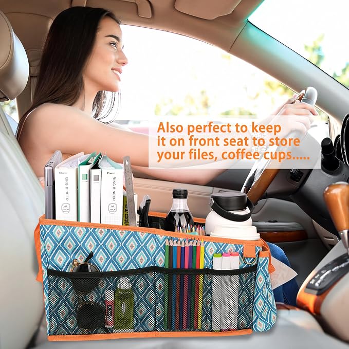 HEYSKAY Backseat Car Organizer Car Caddy Passenger Seat Organizer for Kids | Collapsible Small Car Storage, Console Front Seat Car Organizer for Truck, SUV and Minivan, Adjustable Compartment Space
