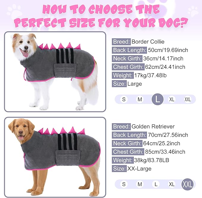 Super Absorbent Dog Bathrobe, Microfiber Bath Robe Towel for Fast Drying, Cozy Fit, Adjustable Belly Strap, Unique Dinosaur Design Dog Drying Coat for Bath, Rainy Walks & Cold Weather