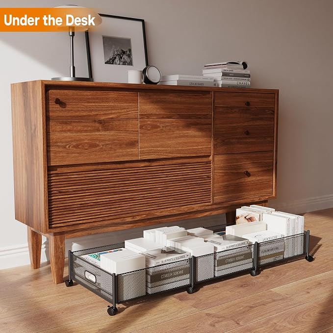 Under Bed Storage With Wheels, 47.2''/90lbs/57.6L, Metal Frame Under Bed Rolling Storage, Tool-Free Assembly Underbed Drawers, Underbed Organizer Containers for Shoes, Clothes and Toys (2 Pack)
