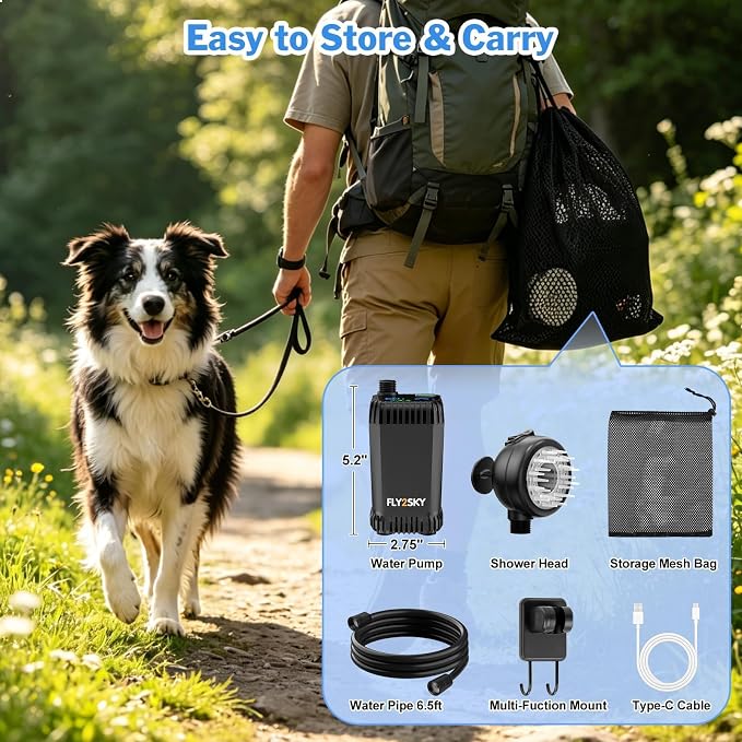 Rechargeable Portable Pet Shower Head Dog Bath Supplies for Indoor Outdoor | Dog Bathing Accessories with LED Display Temperature, IPX8 Waterproof Shower Pump Pet Grooming Tool for Yard Camping