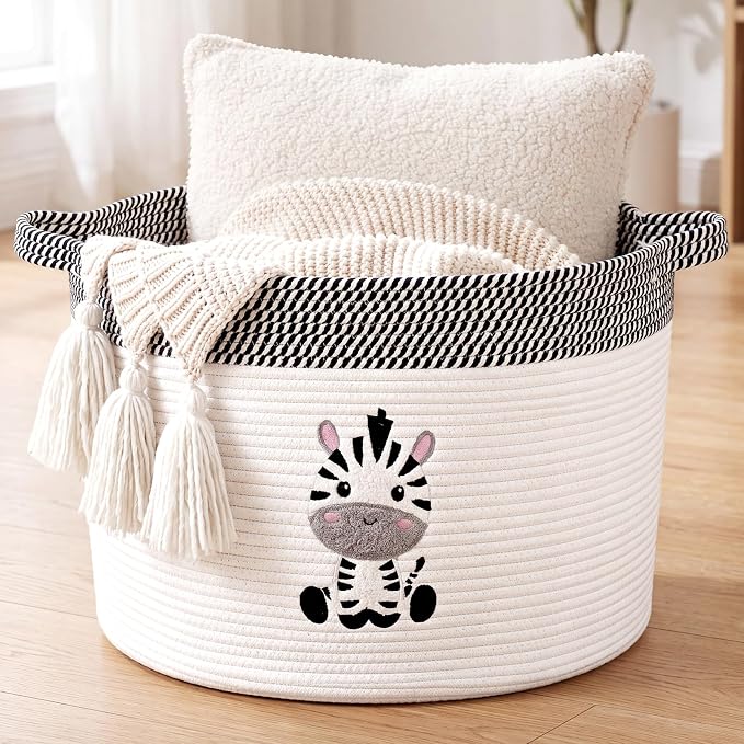 LemonRoad Extra Large Basket 20"x14", Woven Basket for Laundry Blanket Toy Box with Handle Storage, Blanket Storage for Living Room Nursery Pillows Chest(Cotton Rope,Zebra,Brown White)