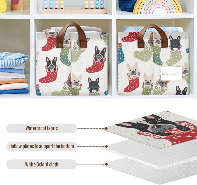 Cute Christmas French Bulldogs Storage Basket Foldable Cube Storage Bins with Handles&Label Waterproof Organizer Box Bin Large Rectangle Decorative Baskets for Shelves Home Room Laundry-2 Pack