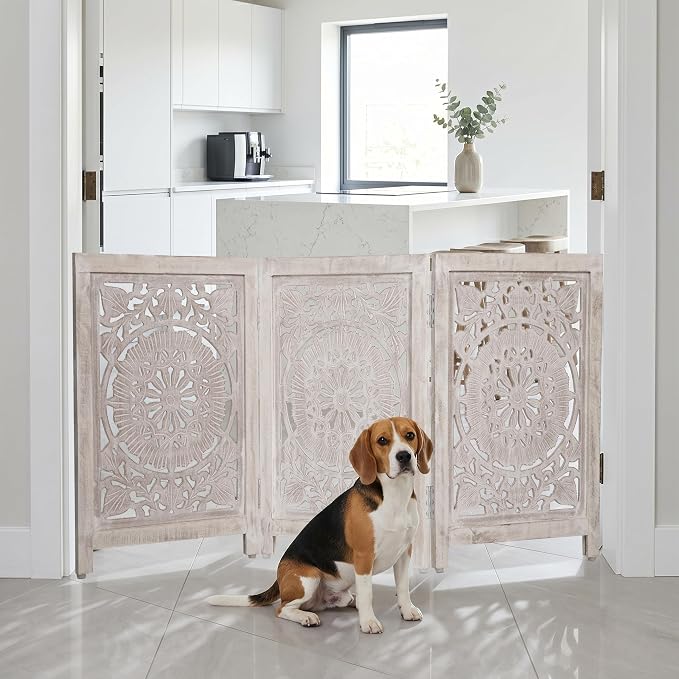 Lightnpro 3-Panel Carved Wooden Dog Gate – 54 Inch Foldable Freestanding Pet Barrier, White Wash Indoor Safety Fence for Small Dogs & Puppies – 24x18 Inch Panels
