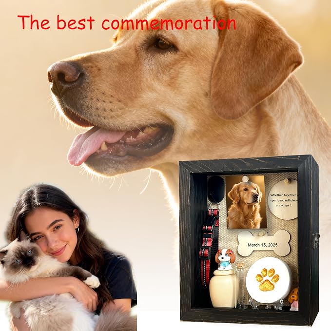 Solid Wood 8x10 Pet Memorial Shadow Box Black Urn Ashes Display Case with Paw Print Kit Dog Memorial Keepsake Gift for Loss of Pet