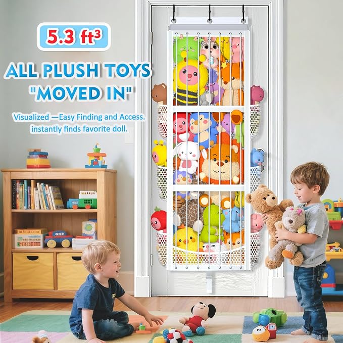Large Capacity Over the Door Stuffed Animal Storage – Patent Elastic Rope Design Easy Store Plush Toy Stuff Animal Organizer Suitable for Kids Room Toy Holder Bedroom Hanging Stuffie Storage
