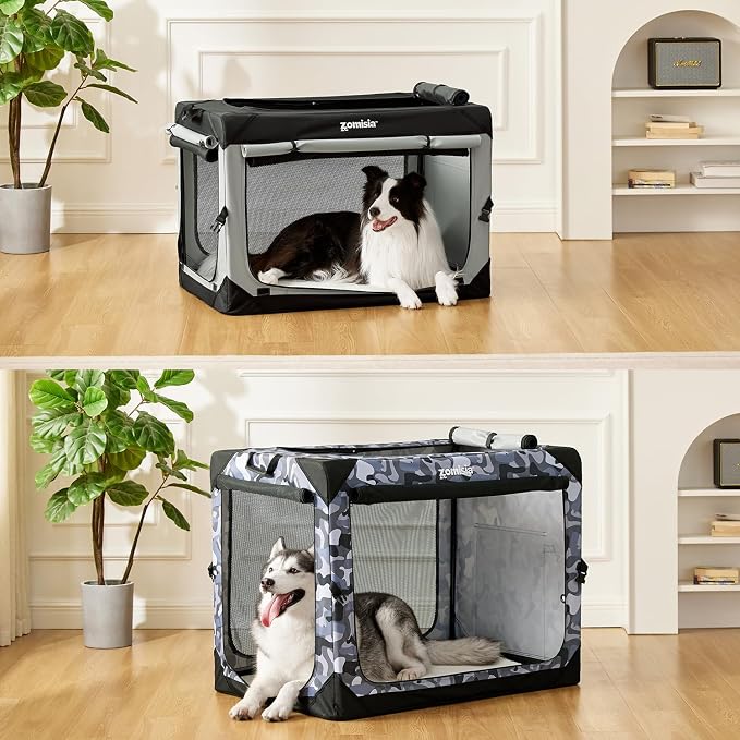 ZOMISIA Collapsible Dog Travel Crate for Medium Dogs, Portable Dog Crate | 30 Inch Dog Kennel Soft Sided, Easy Fold & Setup, Indoor & Outdoor, Breathable Mesh Windows, Built-in Leash, Plush Pad, Grey