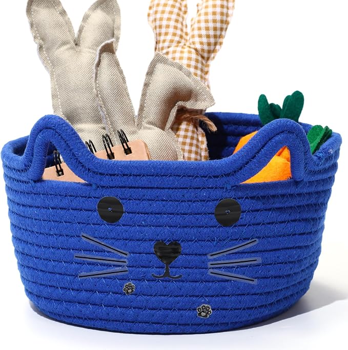 Zopeal Cat Storage Basket Woven Organizer with Ears Decorative Gift Cute Cotton Rope Pet Toy Basket for Gift Cat Dog Toy Bin Nursery Room(8.3 x 4.7 Inch,Royal Blue)