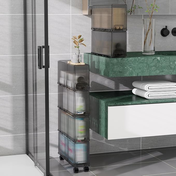 KHNR Slim 6 Tier Bathroom Storage Cabinet with Wheels, Narrow Gap Organizer Shelf, Tower for Shampoo, Towels, Toilet Paper Toiletries, Perfect for Bathroom Corner or Beside Toilet, Clear Grey