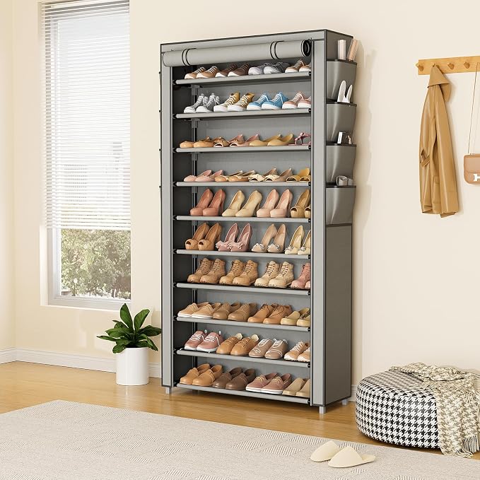 VTRIN Tall Shoe Rack with Cover, 10 Tier Shoe Organizer Storage for 50-55 Pairs Shoes and Boots Large Capacity Shoe Shelf with 8 Pockets Free Standing Shoe Rack for Closet, Entryway, Garage, Grey