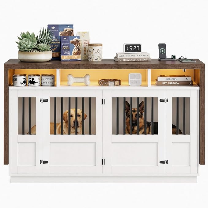 Furniture Dog Crate, 71" Double Dog Crate Furniture Brown & White | with Divider & Power Outlet, Heavy Duty Dog Kennel Furniture for Medium Dogs, Wooden Large Dog Crate with Storage