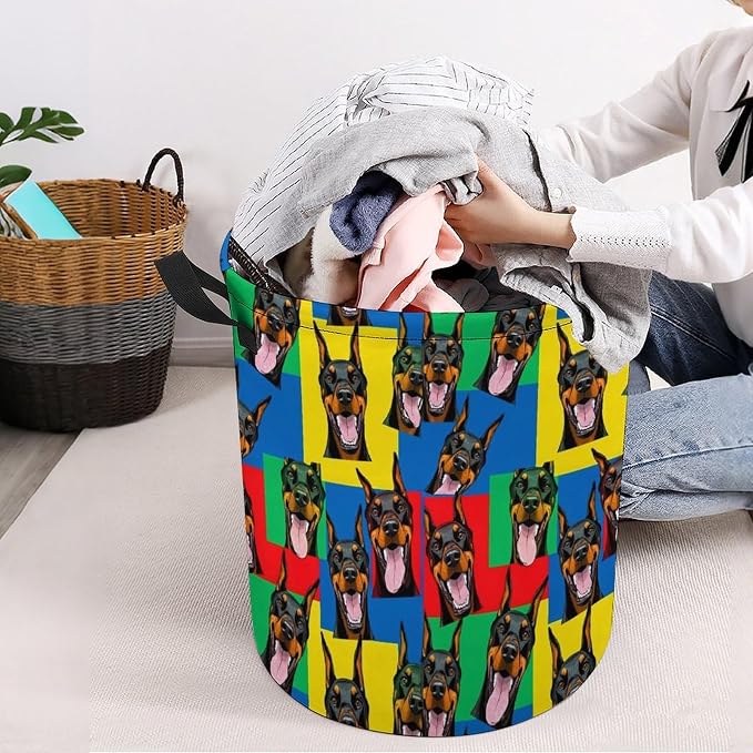 Portable Laundry Hamper with Handles Doberman Pinscher Dogs, Foldable Waterproof Clothes Basket for Bedroom, Nursery, and Bathroom Storage