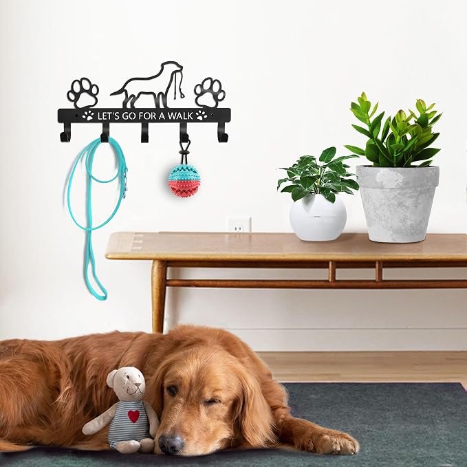 PET ARTIST Dog Leash Holder for Wall, Metal Dog Leash Hooks for Wall Decorative, Dog Leash Hanger Organizer Wall Mount with 5 Hooks, Dog Stuff Storage Organizer for Key Holder Dog Collar and Leash Set