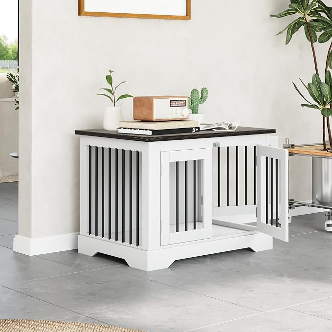 30" Wooden Dog Crate Furniture,Small Kennel Pet Cage End Table for Indoor | for Medium S XS Dogs, White and Black, Fits Living Room Bedroom, Heavy Duty Steel Frame with Lock 25 lbs Cap, 100 lbs Top.