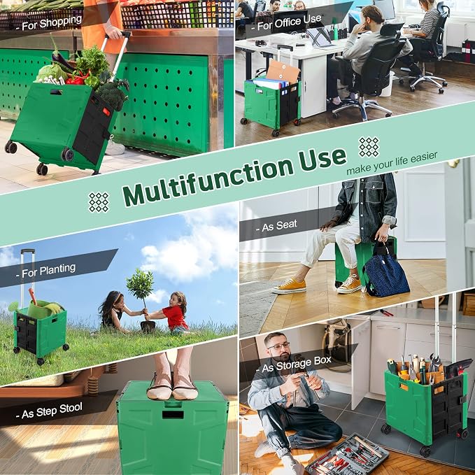 FELICON Folding Utility Cart Rolling Crate Handcart Basket-Dark Green+Black | Collapsible Hidden Lid,Plastic Box,Telescoping Handle,4 Rotate Wheels for Travel Shop Move Grocery Laundry Office Teacher Use