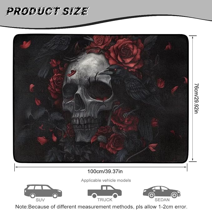 Rose Skull Print Durable Car Trunk Mat 29" x 39", Gothic Floral Non Slip Cargo Liner for Cars Trucks, All Weather Washable Pet Friendly Rear Trunk Liners