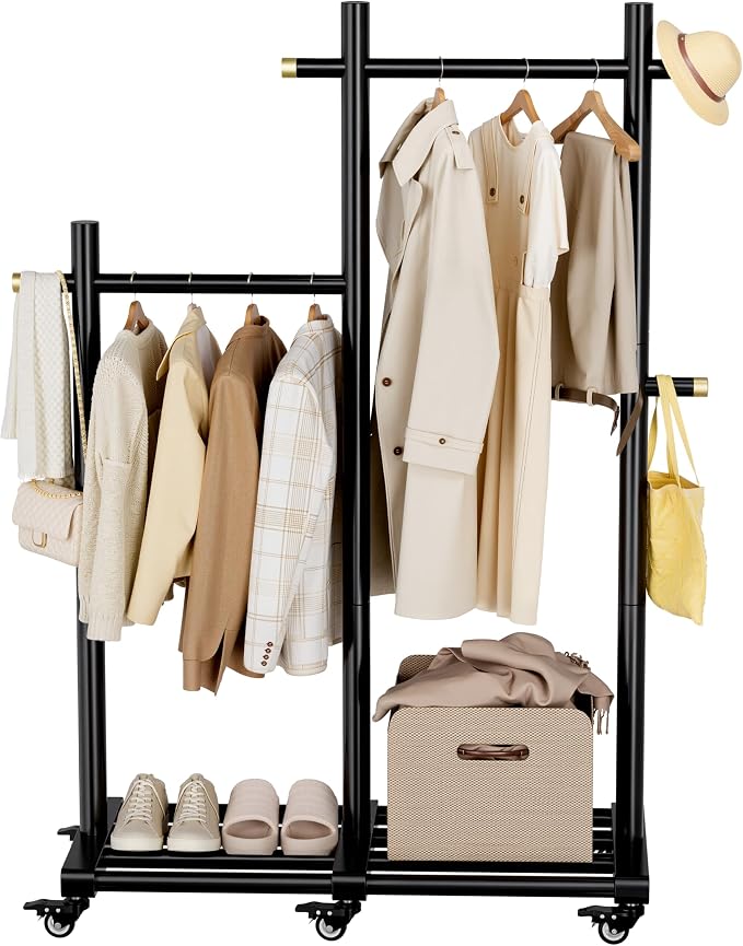 Wooden Clothing Rack, Double Pole Clothes Rack with 4 Hooks & 6 Wheels | Long and Short Clothing Section Design, Load Capacity 360Ib, Garment Rack for Hats, Scarves, Trench Coats, and Shoes