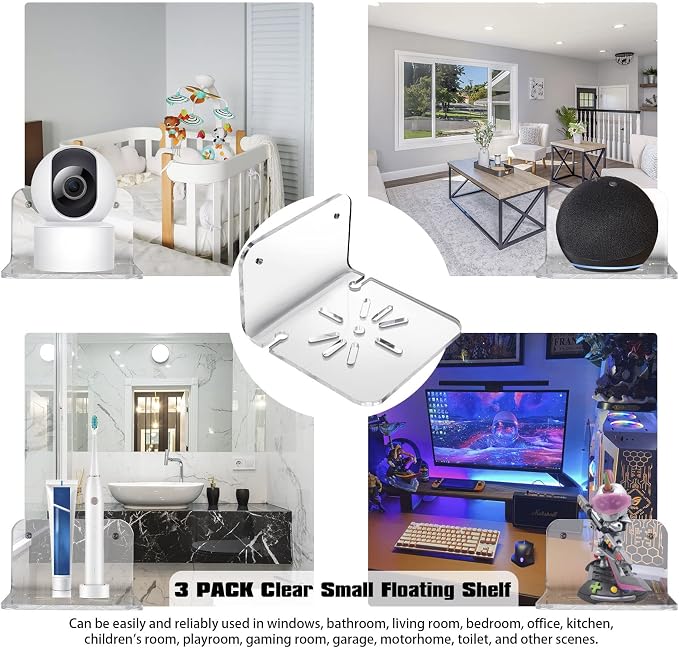SIPRDE Acrylic Small Wall Shelf Set of 3 for Security Cameras, Speakers, Baby Monitors & More - 4'' Universal Adhesive Shelf Easy to Install No Drill, with Cable Clips (Clear) | Compatible for Speakers, Baby Monitors, Universal Adhesive Wall Shelf, Bat...