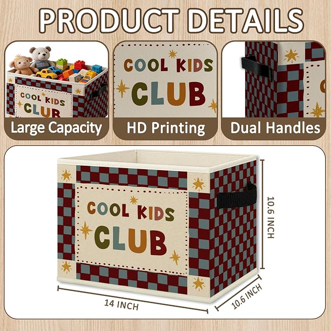 Kids Nursery Playroom Cube Storage Bins with Handles, Cool Kids Club Checkered Collapsible Fabric Storage Basket Boxes Books Clothes Organizer for Girls Boys Room Bedroom Bathroom