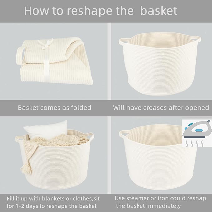 XUANGUO Extra Large Cotton Rope Round Storage Basket 22" x 14" White | Woven basket for blankets, toys, towels, laundry, nursery, living room and pet toy storage.