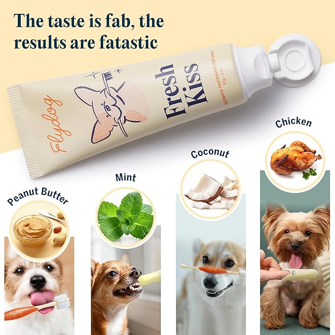 Flydog Fresh Kiss Dog Tooth Brushing Kit, Enzymatic Dog Toothbrush and Toothpaste- Vet Approved Formula, Breath Freshener & Tartar Remover, 360° Toothbrush & Finger Brush (Mild Mint)