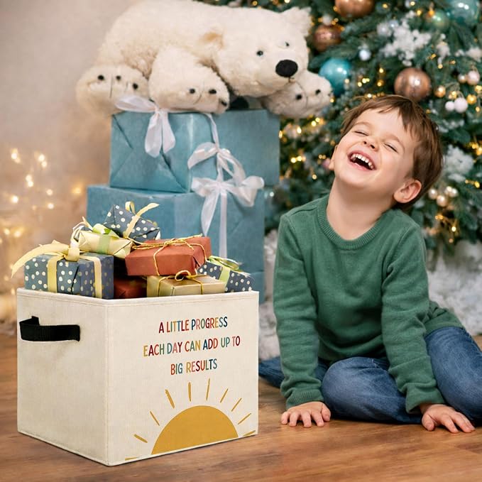 Progress Sun Foldable Fabric Storage Bin | A Little Progress Each Day sun pattern design; foldable fabric storage bin for kids room, nursery, toys, books, clothes.