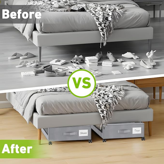 YAASHEEN Under Bed Storage with Wheels, 4-Pack Under the Bed Storage Containers with Clear Lids & Label, Underbed Storage Bins, XXL 60L Rolling Metal Drawer for Clothes, Shoes, Toys, Books - Gray