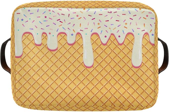 Wamika Ice Cream Drip Baseball Storage Basket with Waterproof Liner and PU Handles White Vanilla Storage Bins Boxes 14.2" Collapsible Decorative Organizer Baskets for Bedroom Closet Office 1 Pack