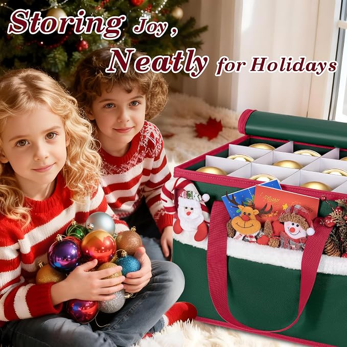 Christmas Ornament Storage Box with Adjustable Dividers Zippered Top Stores up to 36 Holiday Ornaments (4 Inch) Xmas Ball Decorations Organizer Storage Container Bin