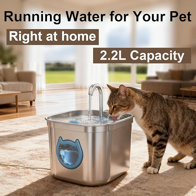 Homtyler Luxury Automatic Cat Water Fountain for Pets, 2.2L/74oz Stainless Steel Dog Water Dispenser with Filter, BPA Free & Silent, Featuring LED Light, Easy Clean & Cat View Window