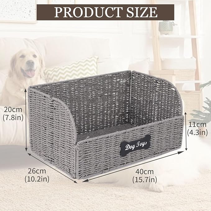 Dog Toy Basket Large Foldable Portable Rattan Dog Toy Storage Organizer for Living Room Bedroom Entryway Floor Corner Pet Toys Basket with Label, Dogs Toys Bin for Cats, Dogs and Pets-Grey