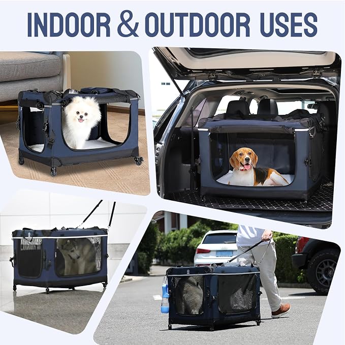 PEGIC 24" Collapsible Rolling Dog Crate for Small Dogs Up to 33 lbs | Detachable Wheel Pet Carrier, Soft-Sided Travel Kennel, Mesh Windows, Foldable for Car, Vet Visits & Road Trips, Indoor Use