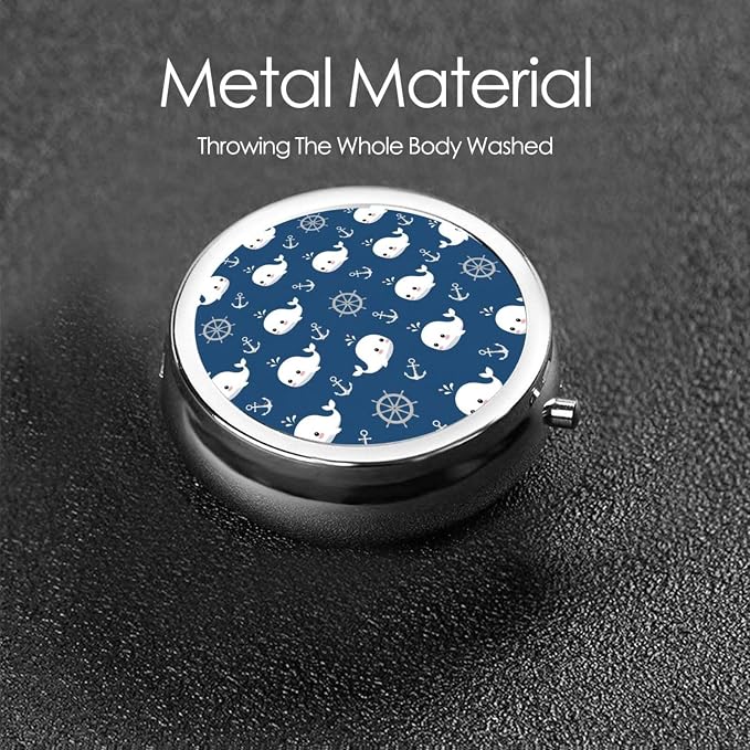 Pocket Pill Box, Navy Nautical Wheels Anchor Cute Whale Compact Round Dispenser, Travel Organizer for Supplements, Waterproof Case Purse Carry for Hiking