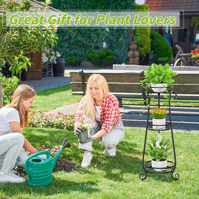KMOTASUO 3 Tier Metal Plant Stand Tall for Indoor Outdoor Corner, Black | Heavy Duty Flower Holder Rack, Modern Vertical Iron Shelf for Patio Bathroom Office Garden