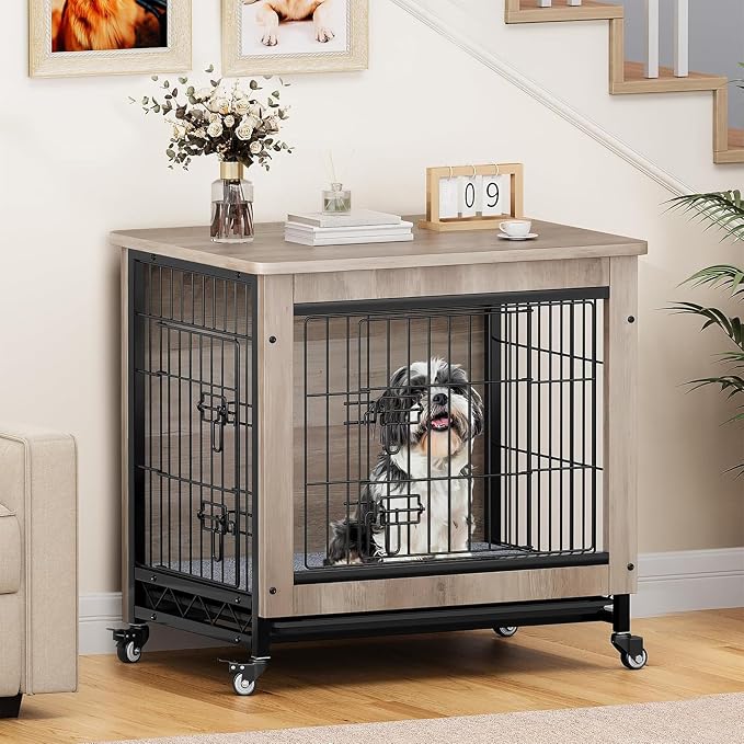 YITAHOME 27" Dog Crate Furniture with Wheels, Cushion & Tray | Dog Kennel Indoor End Table with Double Doors for Small Dog, Gray