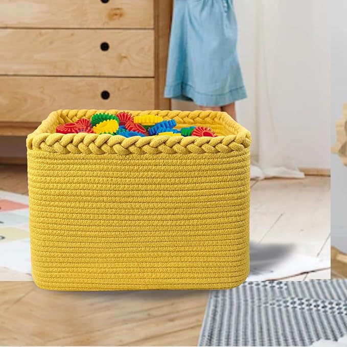 COMFY-HOMI Cotton Rope Woven Basket with Handles for Shelves,Toys,Book, Cloth Storage Baskets Bin for Organizing- 1 PCSToy Decorative Organizer for Living Room, Bathroom